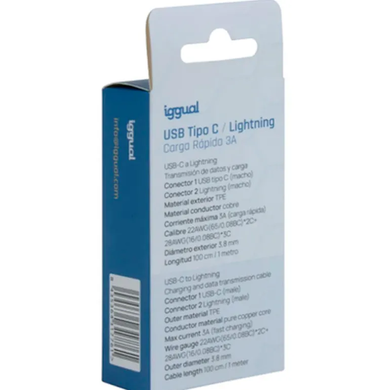 Cable USB iggual Tipo C/Lightning 100cm Q3.0 3A Blanco