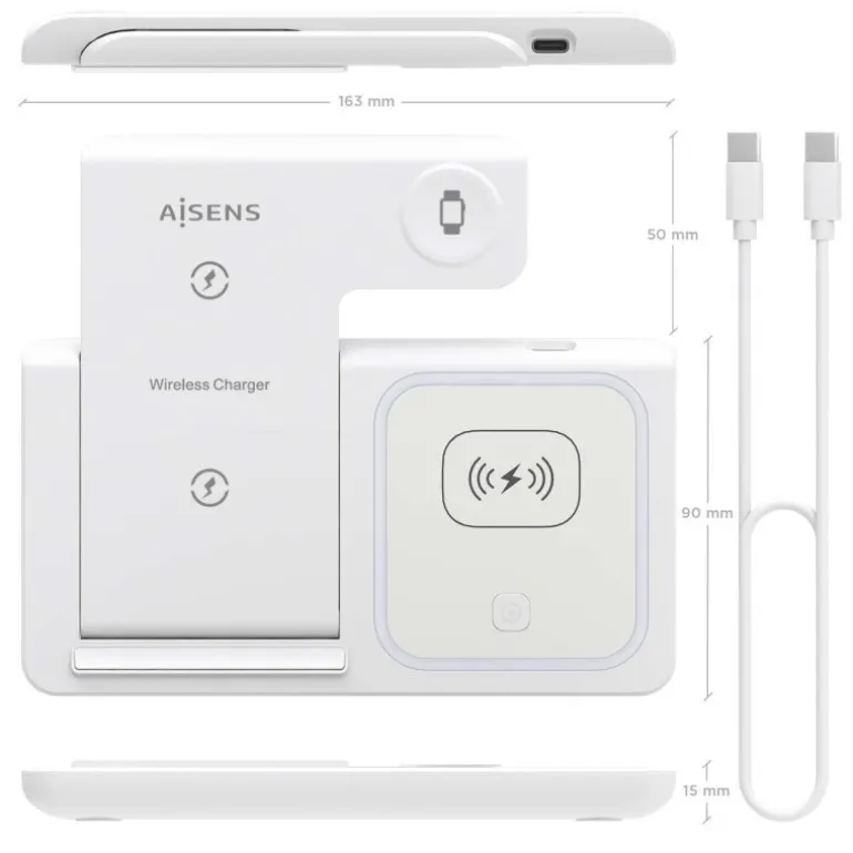 Cargador Aisens Inalámbrico USB-C 3 en 1 Blanco