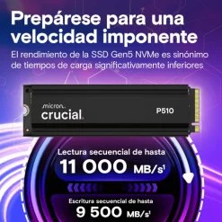 Disco Duro M.2 Crucial P510 1TB PCIe Gen5 x4 NVMe SSD Con Disipador