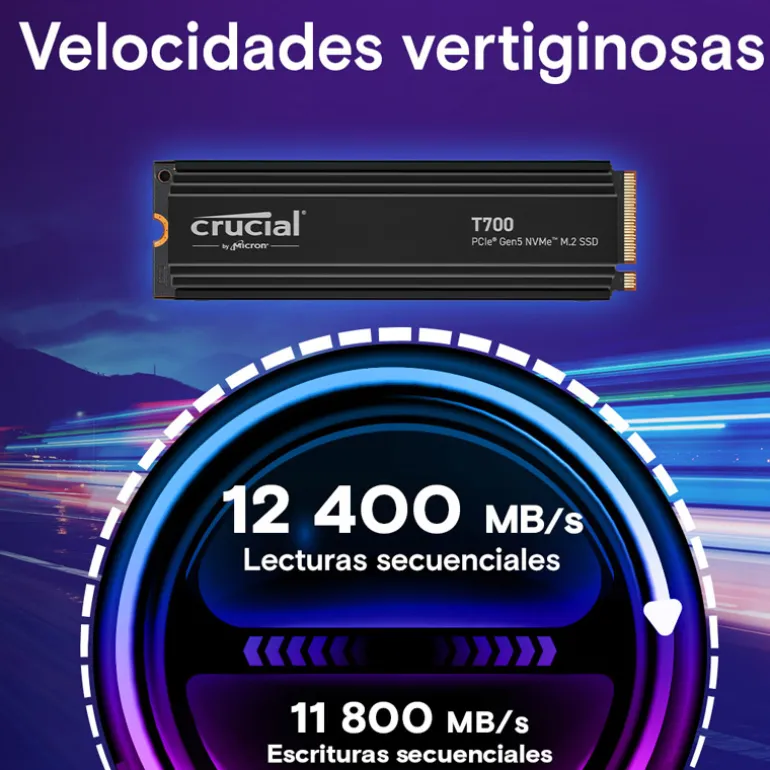 Disco Duro M.2 Crucial T700 1TB PCIe Gen5 x4 NVMe SSD Con Disipador