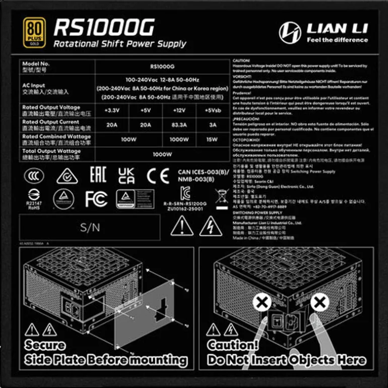 Fuente/PSU Lian Li Rotational Shift RS1000G 80 Plus Gold 1000W ATX 3.1 Modular Con Hub Negro