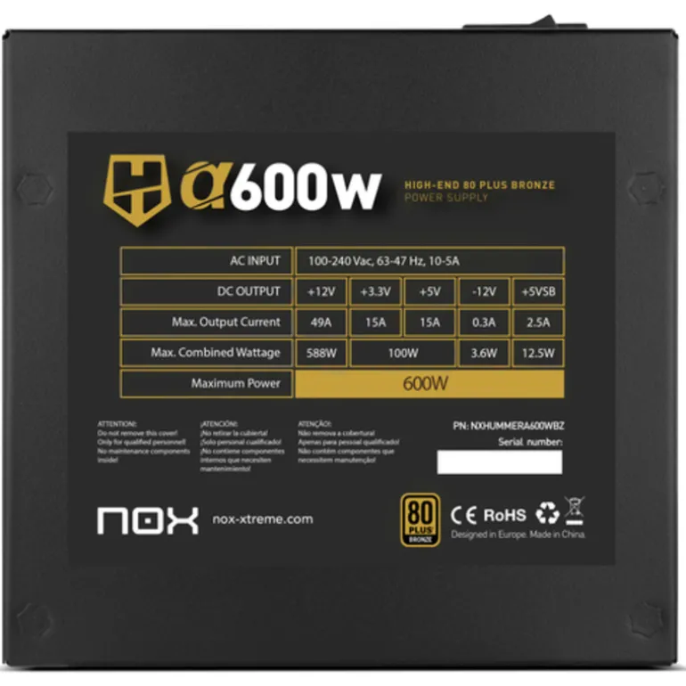 Fuente/PSU Nox Hummer Alpha 80 Plus Bronze 600W