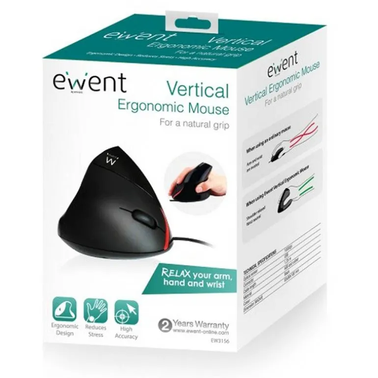 Ratón Ewent EW3156 Vertical Ergonómico 1000 Dpi 97g Negro