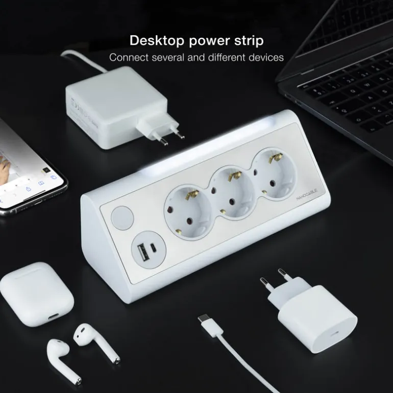 Regleta Nanocable Interruptor 3 Tomas USB-A + USB-C + Blanco