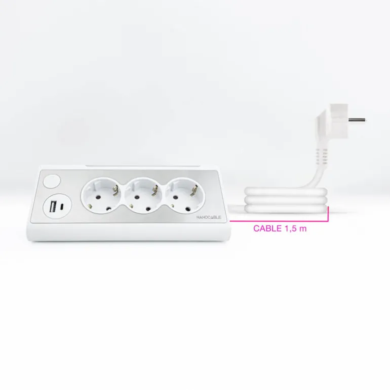 Regleta Nanocable Interruptor 3 Tomas USB-A + USB-C + Blanco