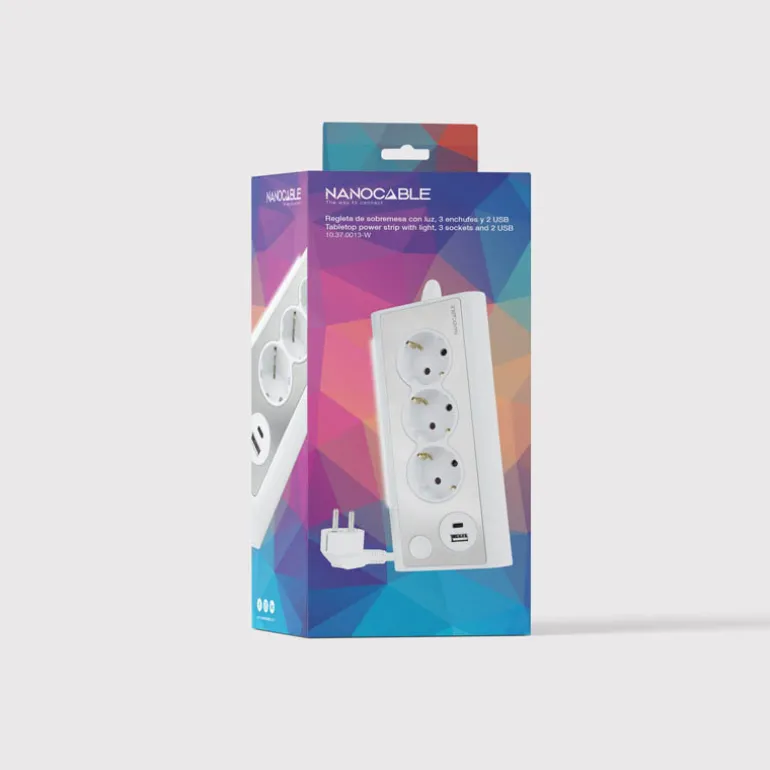 Regleta Nanocable Interruptor 3 Tomas USB-A + USB-C + Blanco