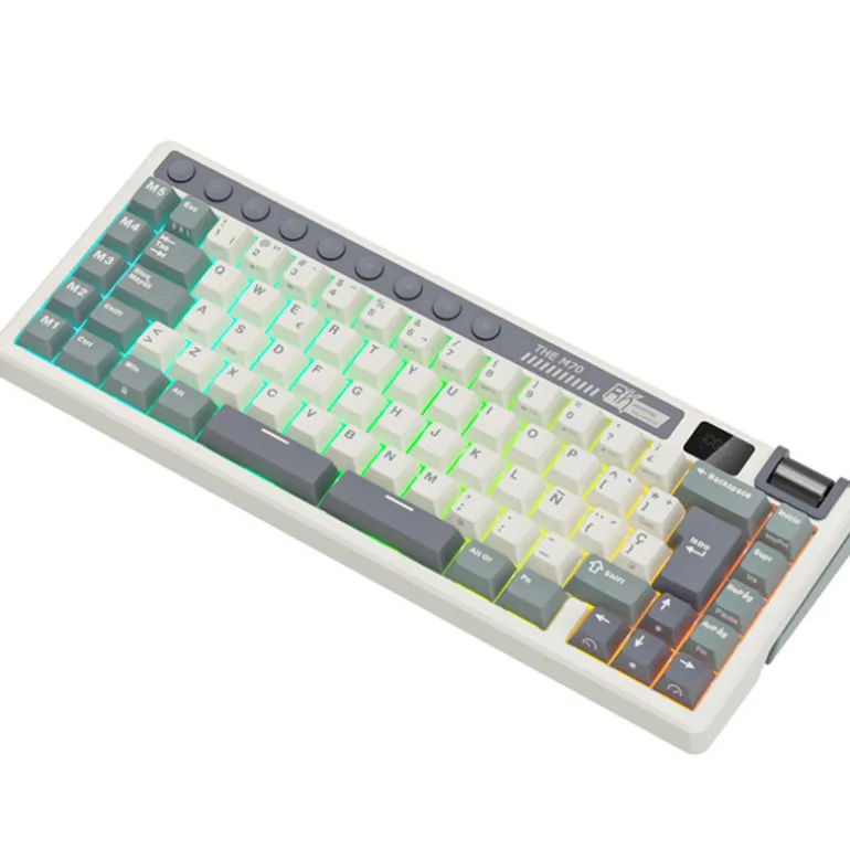 Teclado para Mac y Windows Royal Kludge RKM70 ISO-ES RGB Hot-Swappable Switch Cream Wireless Cyan Purple